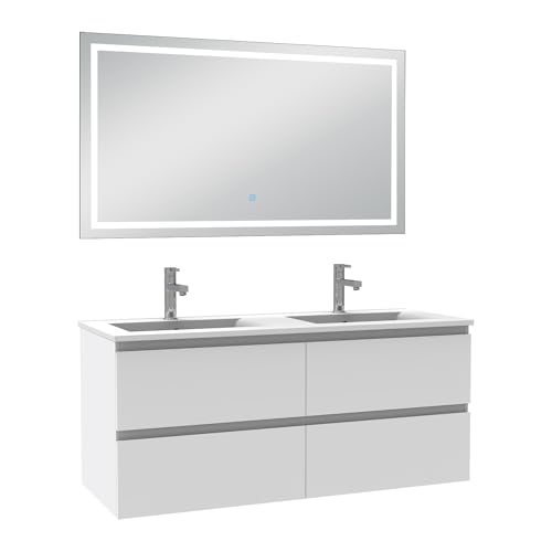 AICA Ensemble Meuble Salle de Bain 120cm Blanc Double Vasque et Miroir Lumineux 3 Couleurs et dimmable
