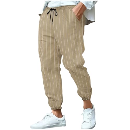 Men's Casual Joggers Striped Pattern Sweatpant Drawstring Elastic Waist Pants Hiking Travel Pants with Pockets