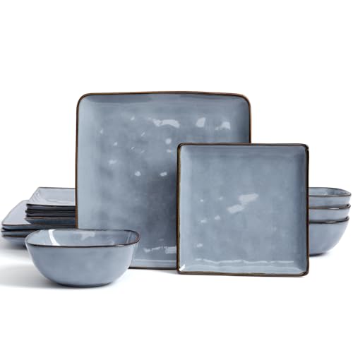Famiware Square Stoneware Dinnerware Sets for 4 Plates and Bowls Blue