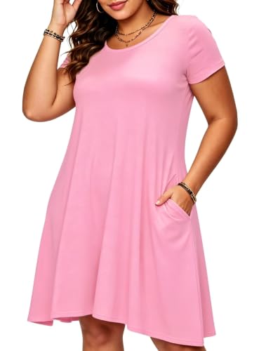Image of Afibi Womens Short Sleeve Loose Pockets Dress Casual Swing T-Shirt Dresses