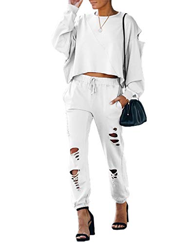 Eurivicy Women's Ripped Hole 2 Piece Outfits Set Pullover Sweatshirt and Pocketed Joggers Fashion Sport Jumpsuits Sets White