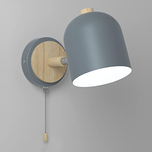 DKNHS Wandleuchte mit Schalter Innen Wandlampe Holz E27 Wandleuchten Vintage Retro Metall Wandbeleuchtung Nachtlicht für Schlafzimmer, Wohnzimmer, Treppen, Korridor (Grau) Cover