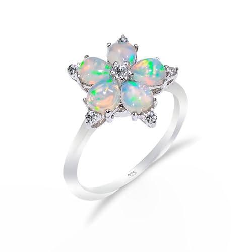 Natural October Birthstone Ethiopian Opal Ring for women Fire Opal 925 Sterling Silver Wedding Engagement Ring (R047) - Main Image