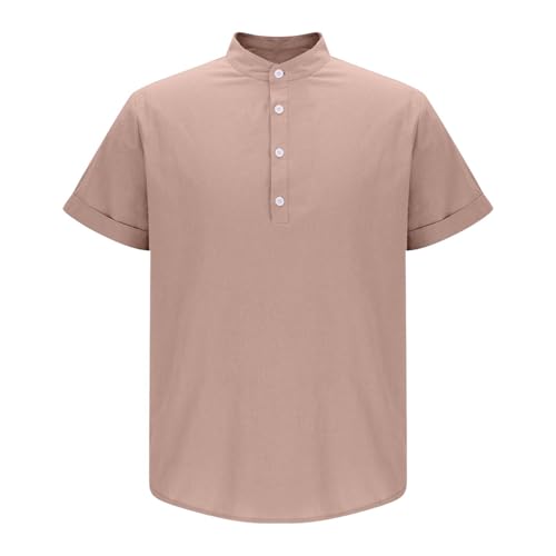 Men's Cotton Linen Short Sleeve Henley Shirts Casual Button Down Stand Collar Shirt Beach Summer Vacation Tops4