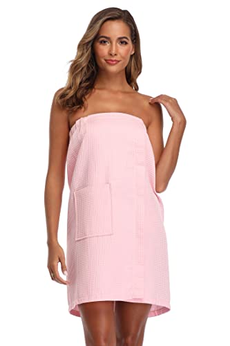 Image of Women's Bath Towel Wrap Waffle Spa Body Wrap with Adjustable Closure Quick Dry Lightweight Towel Robes with Pocket, Pink S /M