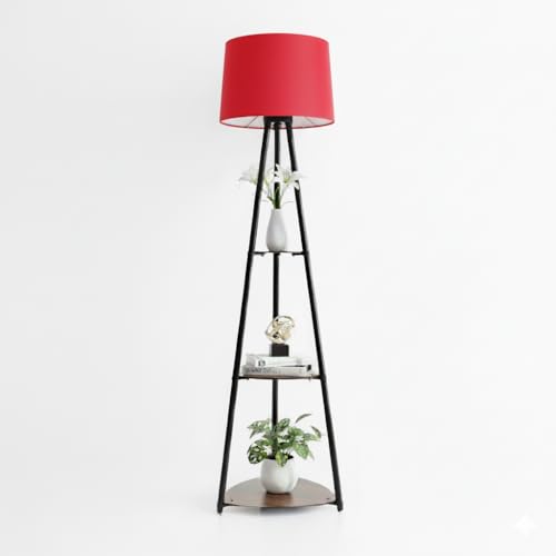 Image of Tripod Metal Floor Lamp with Shelves Stylish Standing Lamp for Living Room Decoration Bedroom Corner Stand Aesthetic Home Decor (Vivid Red) LED Bulb Included