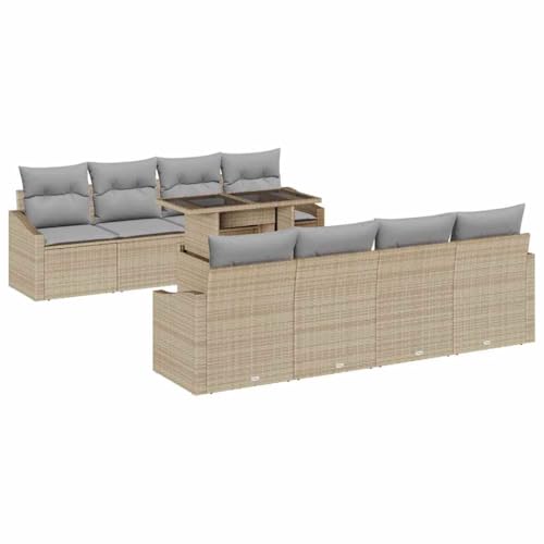SooIarix Juego de sofá de jardín con cojín y espacio de almacenamiento, 9 piezas, polirratán, resistente a la intemperie, sofá de exterior con mesa regulable en altura, salón modular para jardín para