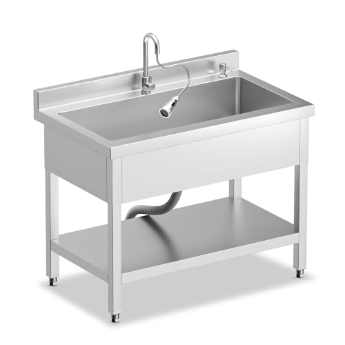 Image of 39 inch Stainless Steel Utility Sink, Deep Single Bowl Laundry Sink | Freestanding Garage Sink with Hot and Cold Water Supply for Laundry Room, Workshop, Farmhouse, Basement and Utility Use