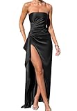 Memoriesea Women's Sexy Strapless Neck Ruched High Slit Cocktail Party Maxi Dress Black