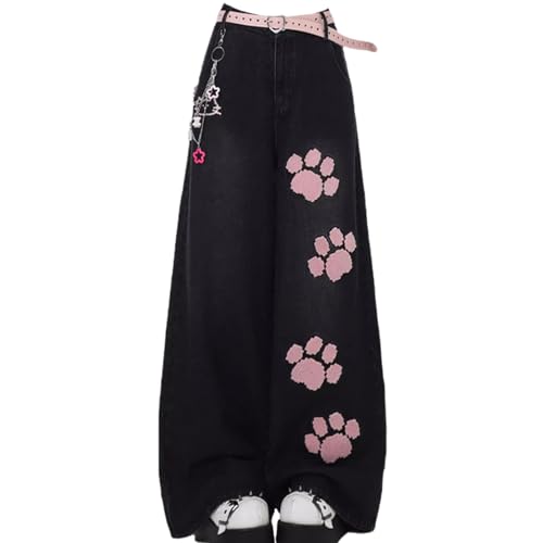 Women's Fresh Casual Pants, Sweet and Cool Girl Style, Pink cat paw Embroidery, Loose Wide Leg, Black Jeans