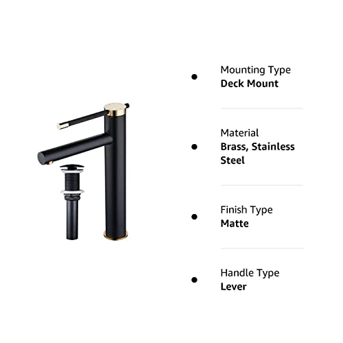 Vessel Sink Facuet, Newrain Matte Black Single Handle One Hole Bathroom Vessel Sink Faucet Matching Pop Up Drain Tall Bathroom Sink Faucet Vanity Bathroom Faucet Basin Mixer Tap #TOP7