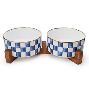 Ceramic Dog Bowls for Medium Dogs, 3.5 Cup Checkered Dog Food and Water Bowl with Acacia Wood Stand, Non-Slip Anti-Tip Elevated Feeding Station, Blue and White