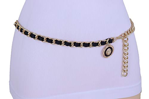 Women Fashion Belt Hip Waist Gold Metal Chain Links Black Fabric Band Lion Coin Medallion Charm XS S2