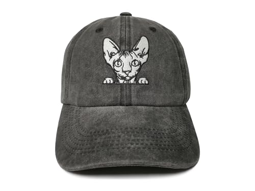 ZKFE Sphynx Lover Gift for Men Women Embroidered Cat Hat Washed Black Cotton Adjustable Hat Denim Dad Hats Baseball Cap