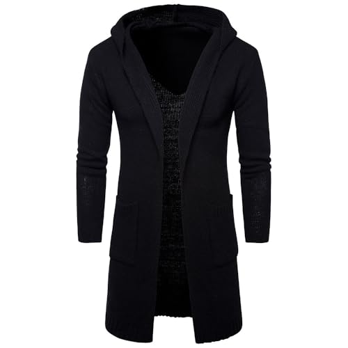 Men's Long Open Front Cardigan Sweater Lightweight Hooded Thick Knitted Sweaters with Pockets
