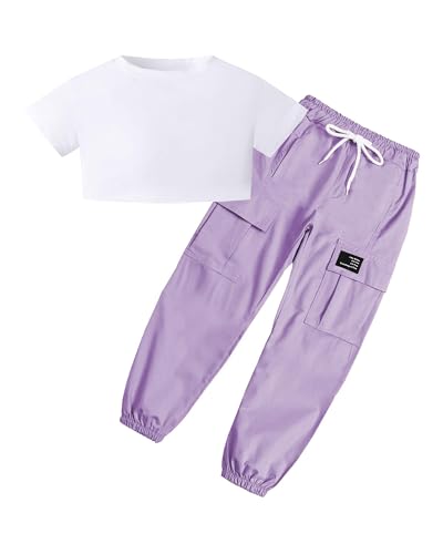 Image of SANGTREE Girls Fall Winter Clothing Sets, Girls Long Sleeve Crop Top and Cargo Jogger Pants Outfit Set,4T-14 Years