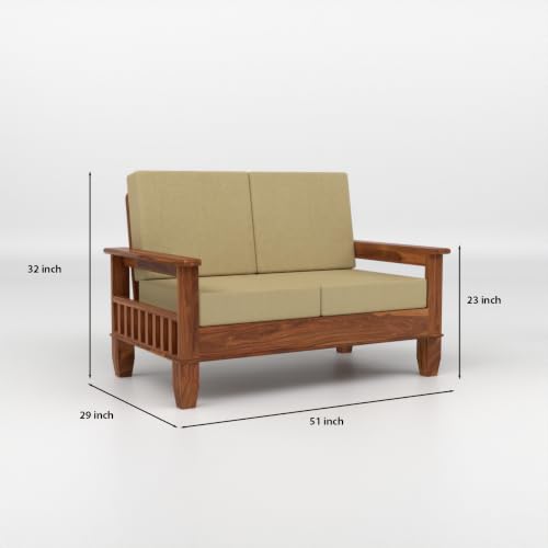 Image of Solid Sheesham Wood 2 Seater Sofa for Living Room | Premium Wooden Loveseat with Side Magazine Rack | Cushioned Fabric Seat | Modern Solid Wood Sofa for Home & Office