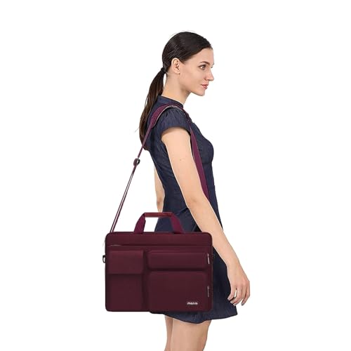 Image of MOSISO Laptop Shoulder Bag Compatible with MacBook Air 15 M3 M2 2024 2023 /Pro 16 inch M4 M3 M2 M1,15-15.6 inch Notebook with 2 Raised&1 Flapover&1 Horizontal Pocket&Handle&Belt, Wine Red