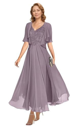 2 Pieces Mother of The Bride Dress for Wedding Short Sleeve Lace Chiffon Formal Evening Dress3