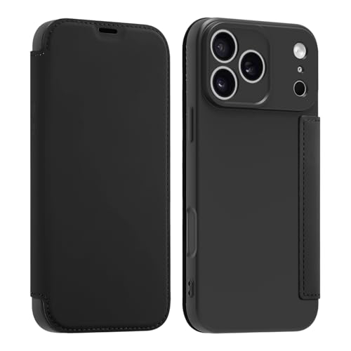OUBELI Cover per iPhone 17 Pro Custodia in pelle PU Flip con Supporto e slot per carte, custodia pieghevole in silicone a 360 gradi - Nero
