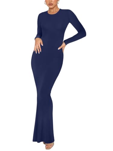 Image of REORIA Women's Sexy Crew Neck Lounge Long Dress Elegant Long Sleeve Ribbed Bodycon Maxi Dresses