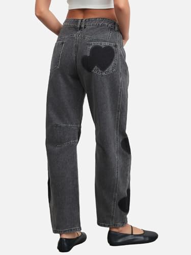 LifeShe Women's Wide Leg Baggy Jeans Low Waist Heart Barrel Loose Denim Pants3