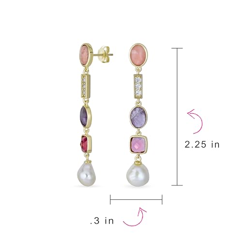 Boho Tri Tone Mixed Gemstone Crystal Accent Linear Thin Lightweight Long Baroque Pearl Pink Tourmaline Purple Amethyst Dangle Earrings For Women Teens Gold Plated - Image 4