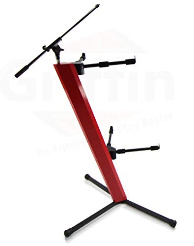 2-Tier Column Keyboard Stand With Mic Boom Arm By Griffin | Double Sliding Multi Mounting Platform Red Stage Tower Rack | Holder For Digital Piano, Turntable, Dj Audio Gear, Studio Laptop Synthesizer #TOP4