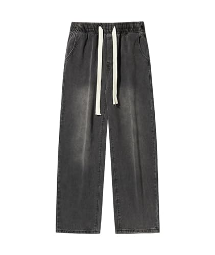 SOMTHRON Men's Regular Fit Straight Leg Jeans Drawstring Elastic Waist Loose Washed Lightweight Denim Pants