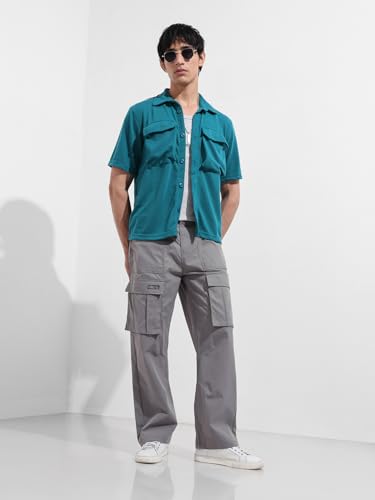Image of The Indian Garage Co Men Relaxed Fit Textured Mid-Rise Cargos