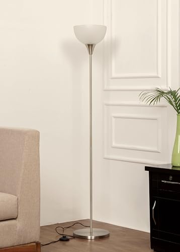 Image of Divine Trends Uplighter Satin Nickel Floor Lamp for Living Room with Frosted Glass Lampshade | Includes LED Warm Bulb | Hidden Wire Design | Uplight Corner Standing Lamp for Home | Pack of 1