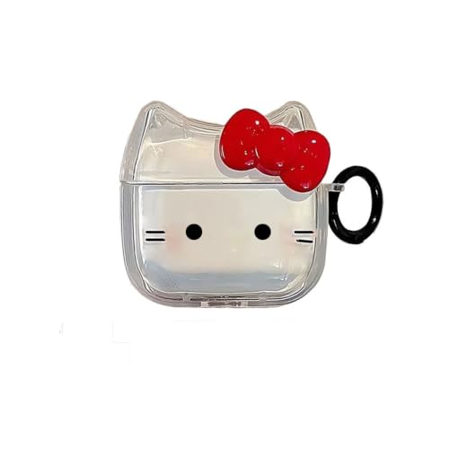 Image of Transparent Clear Earphone Case for AirPods 4, Cute Lovely Cat Face Soft TPU Silicone Case, Kitty Ear AirPods 4 Cover Protective Skin Shockproof Protector for iPod Earbuds -Red Bowknot Cat