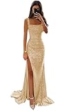 Djqpi Gold Sparkly Prom Dresses 2026 Square Neck Mermaid Bodycon Long Formal Dress for Teens Ball Gowns Size 0