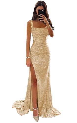 Djqpi Gold Sparkly Prom Dresses 2026 Square Neck Mermaid Bodycon Long Formal Dress for Teens Ball Gowns Size 0