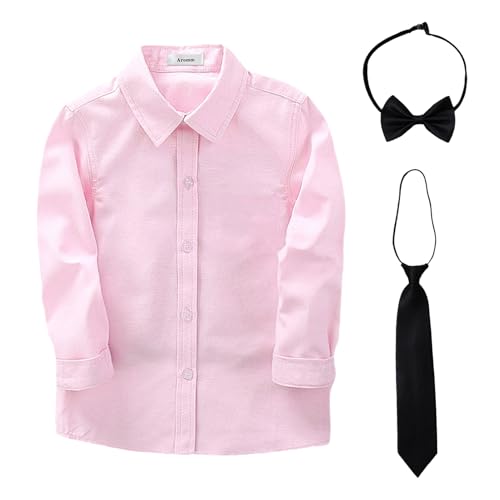 aromm Garçons Manche Longue Chemise Habillée Solide Rose L'école Uniforme Hauts Vêtements avec Cravate et Nœud Papillon, 120