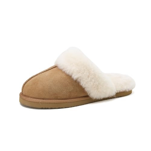 Women's Fuzzy Slippers Winter House Slippers Soft Fluffy Shoes with Natural Sheepskin Fur Indoor Outdoor