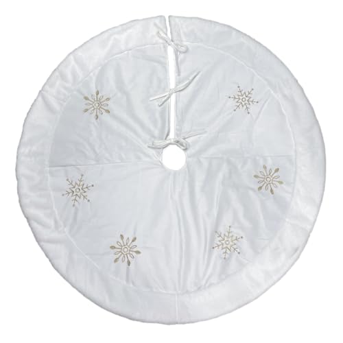 Old World Christmas Ivory Snowflake Tree Skirt with Faux Fur Trim, Embroidered Holiday Tree Base, Gold Snowflake Design, Luxury Christmas Décor, 48 Inch