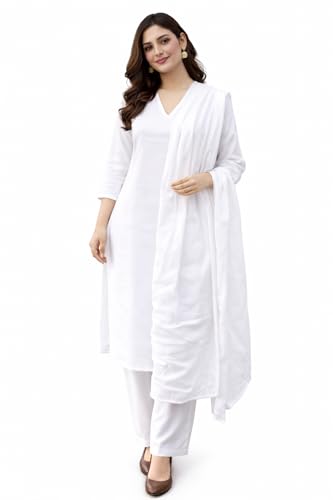 Image of Women's Pure Cotton White plain Salwar Suit | solid Coord Set with Duppatta