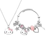 Cartoon Kitty Bracelets and Necklace Set For Valentine's Day gift Beads Charms Adjustable Stainless Steel Chain Accessories Cute Stuff Bangle Gifts for Women gift for girl birthday gift.