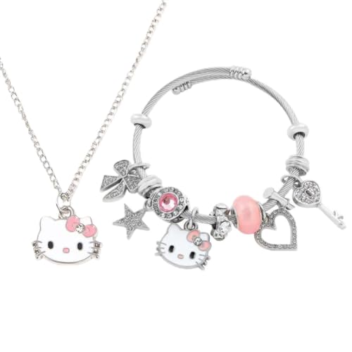 Cartoon Kitty Bracelets and Necklace Set For Valentines Day gift Beads Charms Adjustable Stainless Steel Chain Accessories Cute Stuff Bangle Gifts for Women gift for girl birthday gift.