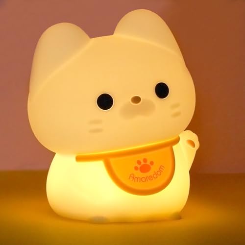 Image of Amaredom Waving Kitten Night Light, Cute Cat Lamp, Silicone Dimmable Nursery Nightlight, Rechargeable LED Bedside Lamp with 20 Minutes Timer & Tap Control Baby Girls Women Bedrooms, Living Room