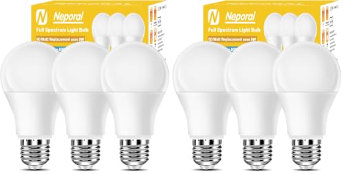 Image of Full Spectrum Light Bulb, 6000K Natural Sunlight Bulbs, 9W 60W Equivalent LED Light Bulb, Natural Light Bulbs A19, E26 /E27 LED Light Bulbs for Home, 6 Pack