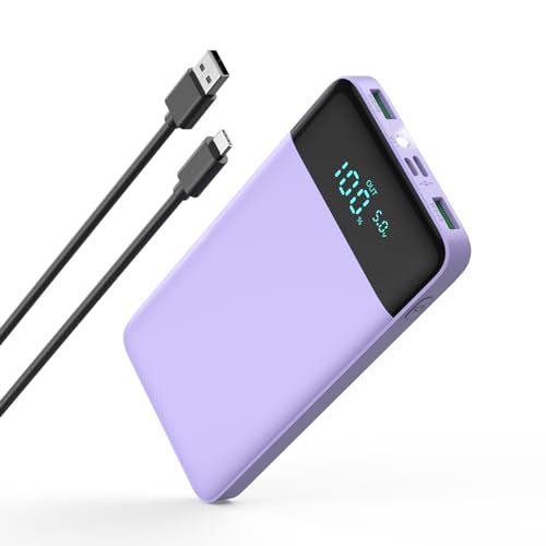 YONHUIZI Portable Charger, 10800mAh LCD Display Compact Ultra Slim Power Bank, 20W PD USB-C in&Out Fast Charging Battery Pack,3 Outputs Portable Phone Charger for iPhone 15 14,Samsung Android -Purple