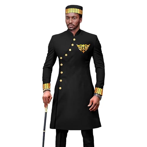 African Suits for Men Slim Fit Blazer Embroidery Jacket and Trousers Match Muslim Caps 3 PCS Set