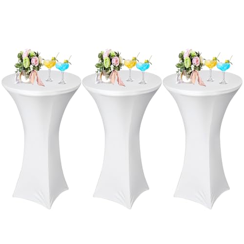 AMFUN 3er-Set Stretch Stehtisch Hussen, Stehtisch Hussen, Verstärkung im Fußbereich, Quadrat Ecken Stehtischhussen für Bar, Hochzeit, Cocktail-Party, Bankett, Stretch（80×110cm, Weiß）
