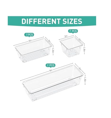 Image of 6-Piece Clear Desk Drawer Organizer Trays Set, Unbreakable Plastic Storage Containers, Bins, Bathroom Drawer Tray, Multi-Size Dividers for Office and Home Organization, 6-Piece Set