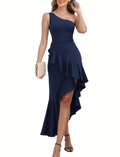Women's One Shoulder Dress Sleeveless Midi Dresses Asymmetric Ruffle Bodycon Cocktail Party Dress