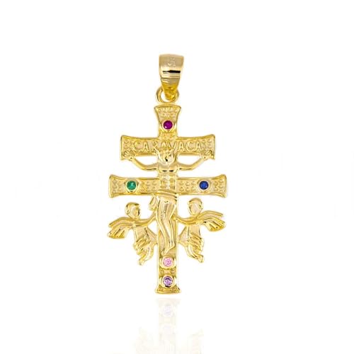Minoplata Cruz de Caravaca Colgante de Plata de Ley 925 Chapada en Oro con Circonitas de Colores, 30mm x 17mm, Unisex