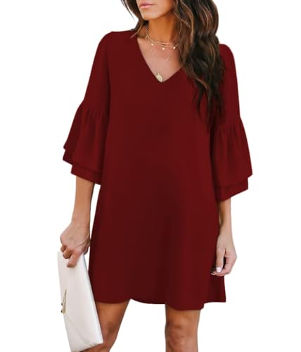 BELONGSCI Women's 2023 Summer Dress Sweet & Cute V-Neck Bell Sleeve Shift Dress Mini Dress, Perfect for Wedding or Graduation