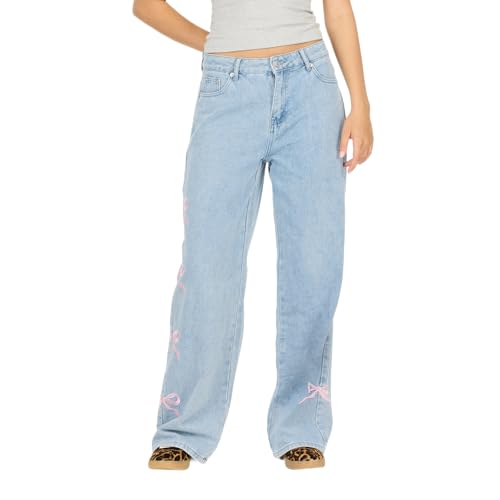 Forever 21 Women’s Wide-Leg Jeans – Graphic Patch & Angel Wing Back Detail, High-Rise Statement Denim, Vintage Y2K Look, Blue, 8